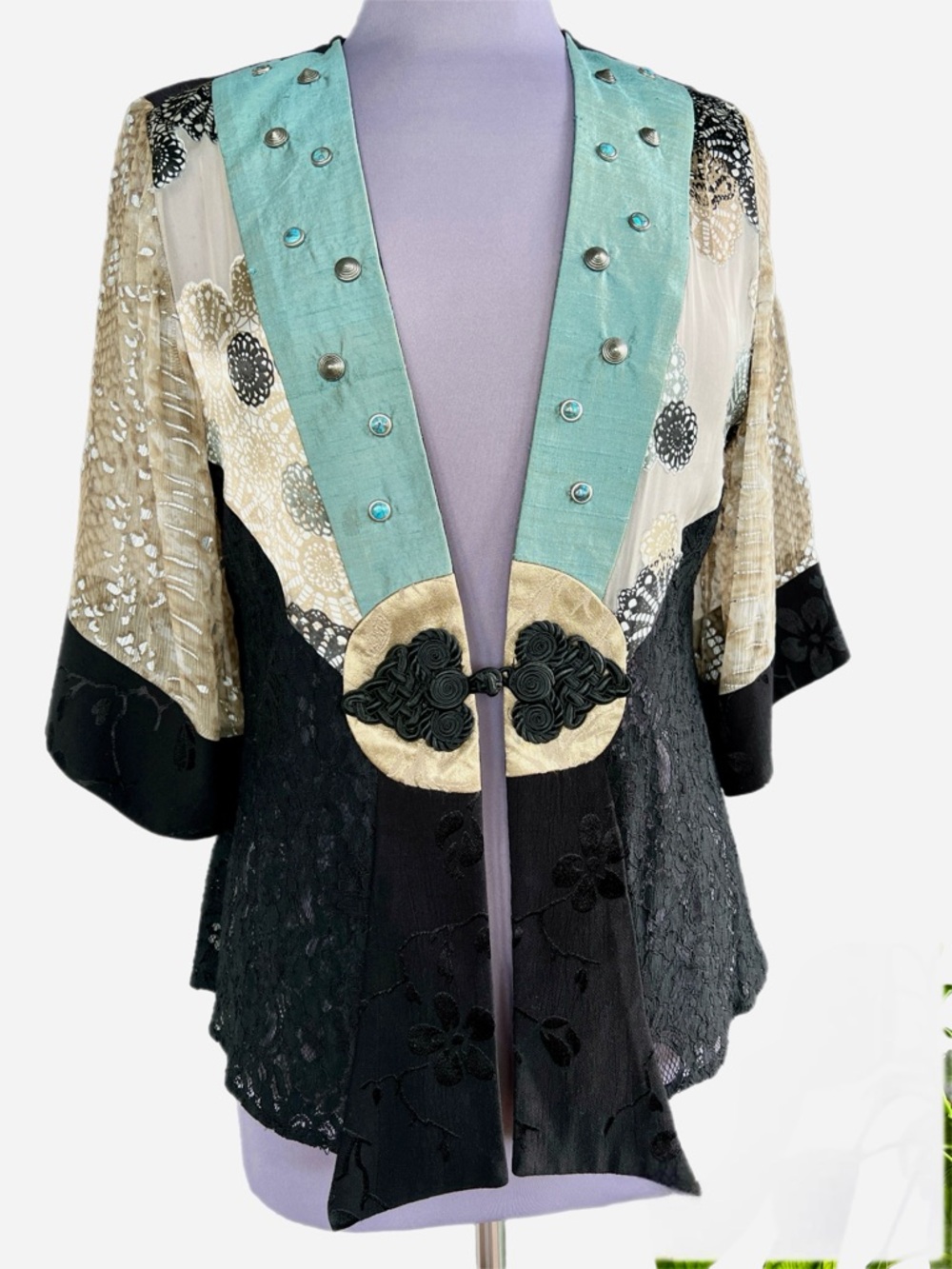 Vintage Spencer Alexis Size S Open Front knotted Closure Black, Cream & Aqua